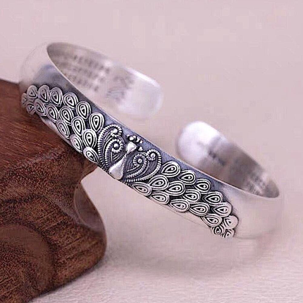 Sterling Silver Peacock Bangle Bracelet Cuff Flower 925 Stamped